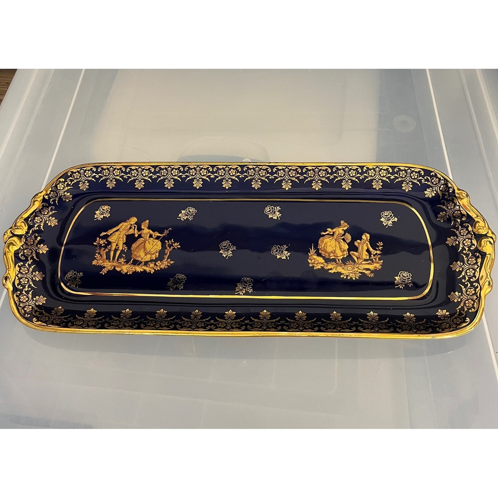 Limoges France Cobalt Blue Gold Gilded Fragonard Courting Scene Sandwich Tray